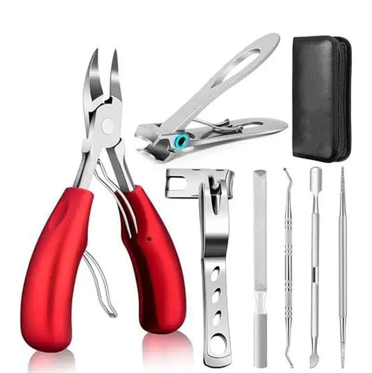 Stainless steel toenail clipper set with red handles and black storage case