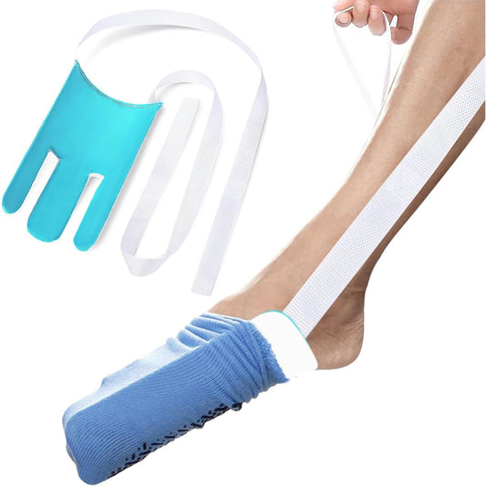 Three-finger sock aid with long white cords and teal finger insert