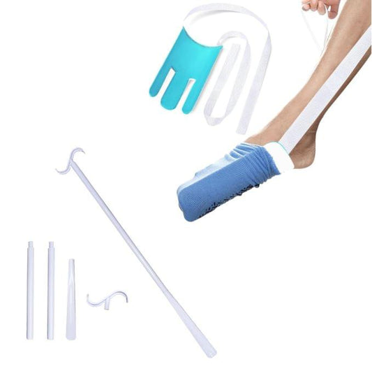 Three-finger sock aid with blue glove and white handle, plus extra hook pieces