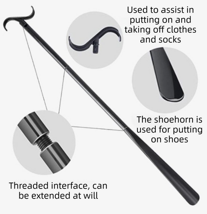 Portable Complete Independent Living Mobility Kit - No-Bend Three Finger Sock Aid & White Extendable 3-in-1 Dressing Hook with Shoe Horn