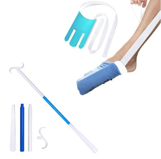 Blue and white three-finger sock aid with curved shoehorn-style hook