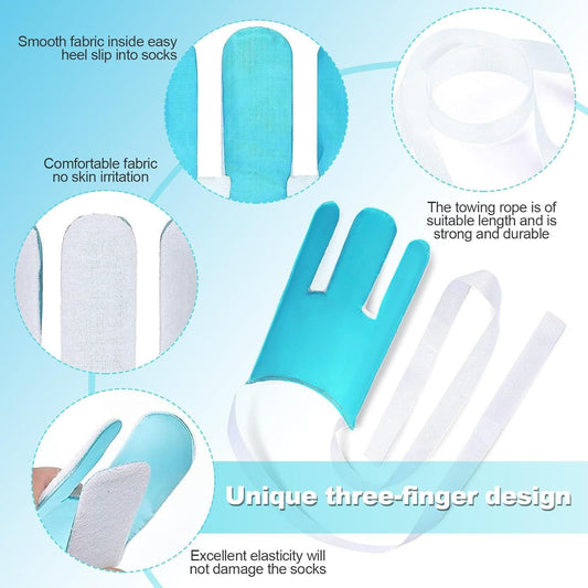 Blue three-finger sock aid with smooth padded fabric sleeve