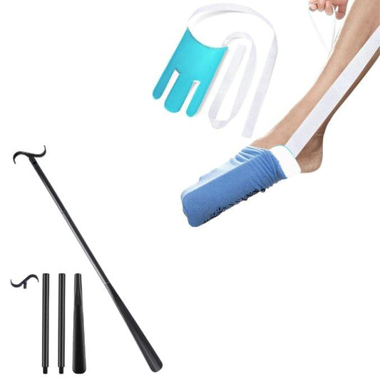 Three-finger sock aid with turquoise fabric grippers and white fingers, plus black rods