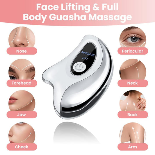 Portable gua sha massager with curved head and control dial, for face and body