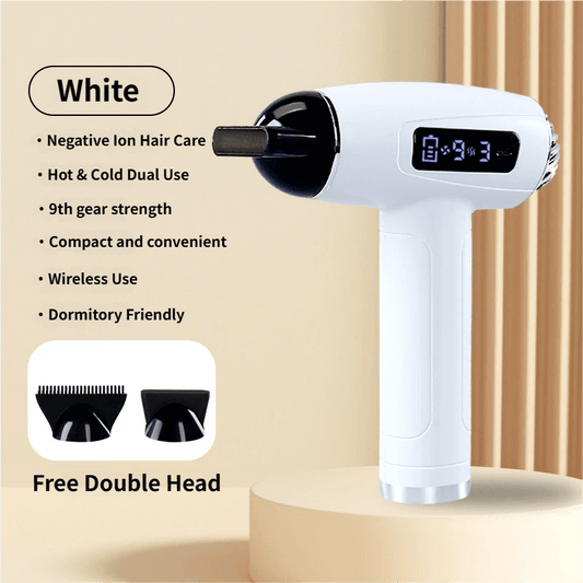 White cordless hair dryer with LCD screen and two included styling attachments