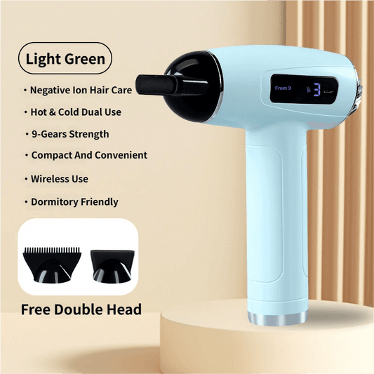 Light green cordless hair dryer with concentrator nozzle and black hood