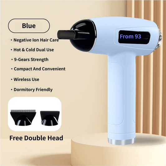 Light blue cordless hair dryer with black nozzle and LCD screen