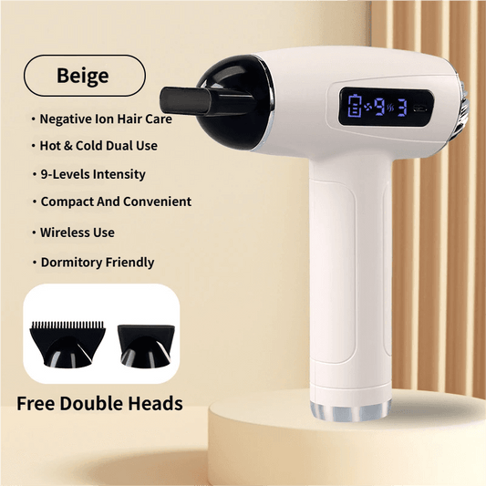 Beige cordless ionic hair dryer with LCD display and concentrator nozzle
