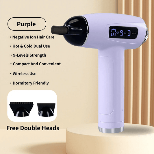 Purple cordless heated hair dryer with LCD display and concentrator nozzle, front view