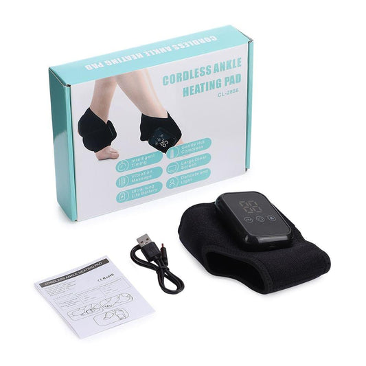 Black heated ankle massager wrap with wireless controller, USB cable, and manual