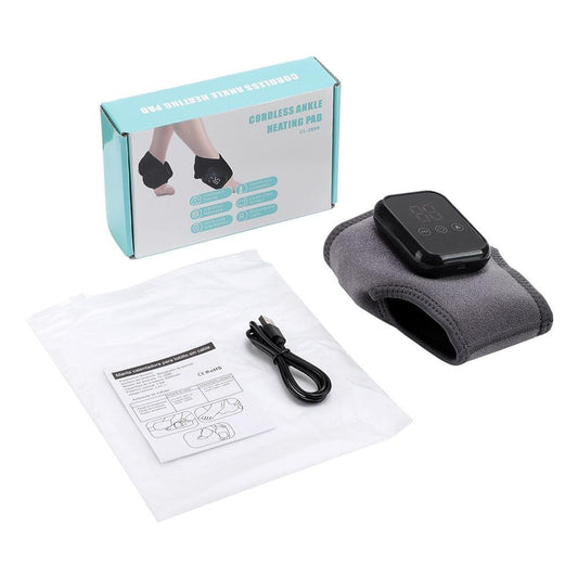 Grey heated ankle massager wrap with black wireless controller and charging cable