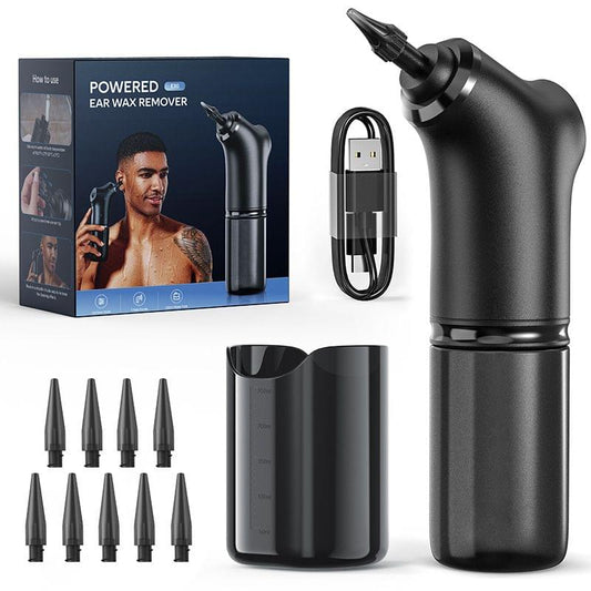 Electric ear irrigator kit with black handle, USB Type-C cable, and 9 nozzles