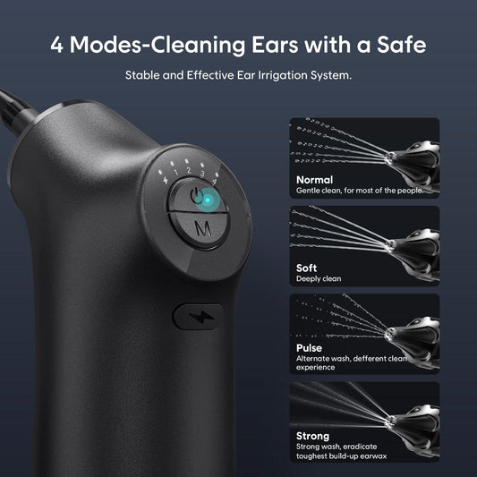 Electric ear irrigator handle with mode dial and small power indicator light