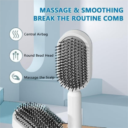 White 3D Airbag Massage Self Cleaning Hair Brush with Base - for Long Hair - One-Click Easy Hair Removal - Scalp Soothing Detangler for Professional Home Hair Care