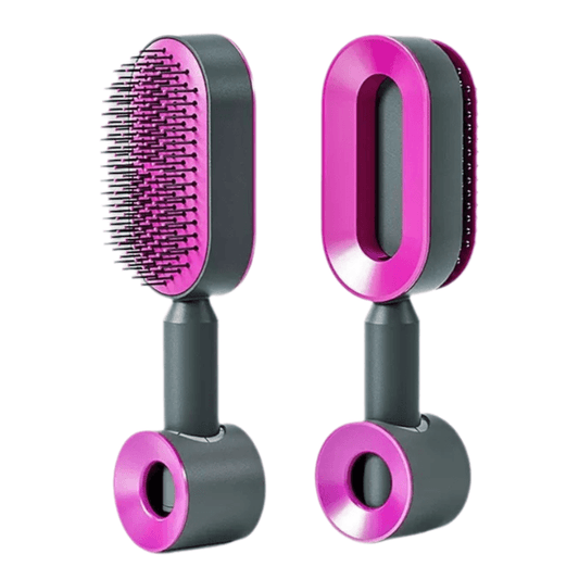 Black and purple airbag hair brush with oval bristle head and rounded base stand