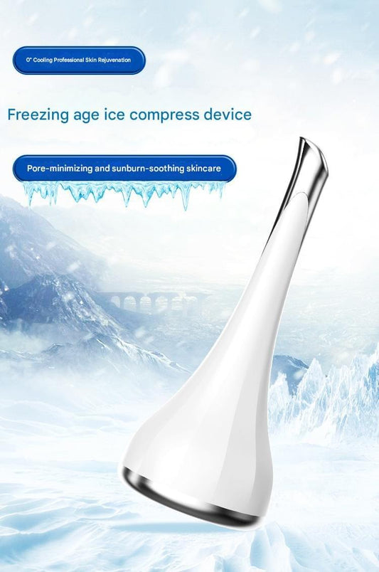 White mini ice facial tool with tapered neck and rounded base, angled view