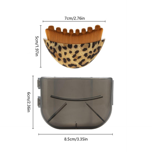 Leopard print curved facial massage brush with tan nylon bristles and plastic handle