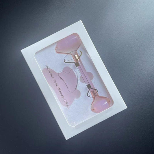 Rose quartz gua sha facial tools in gift box, curved stone massage boards