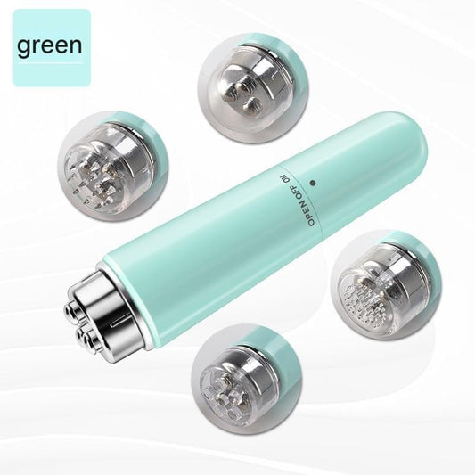 Green electric eye massager wand with silver roller heads and capped end.