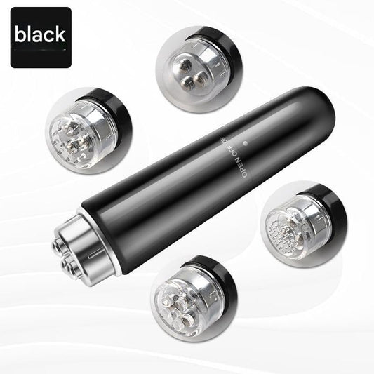Black electric eye massager pen with clear circular vibrating head and silver ring