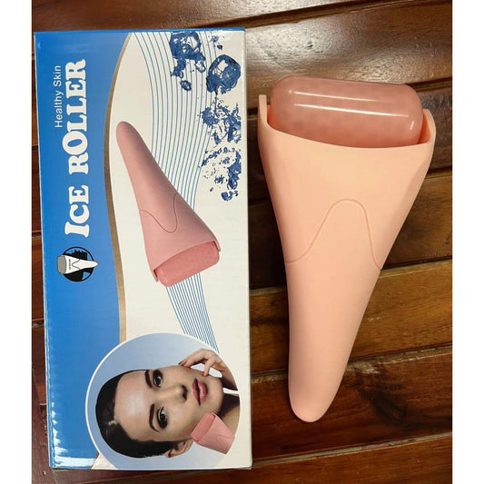 Pink face ice roller with translucent gel cooling head and curved handle