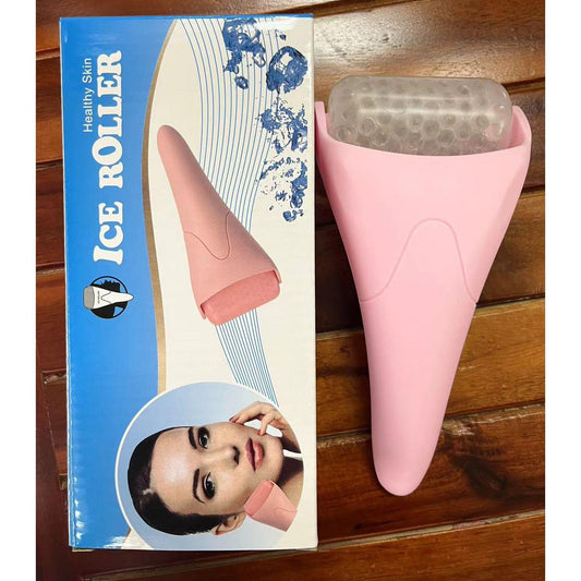 Light pink face ice roller with gel cooling head and curved handle