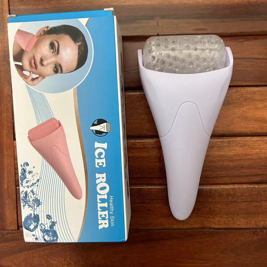 Light purple face ice roller with frosted gel cooling head and tapered grip handle
