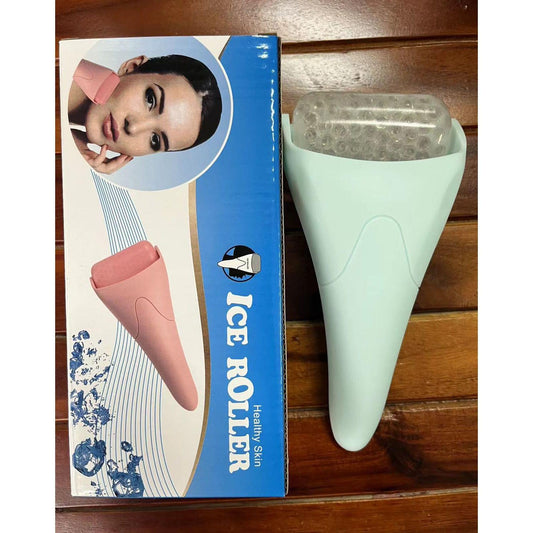 Mint face ice roller with translucent gel cooling head and pointed handle