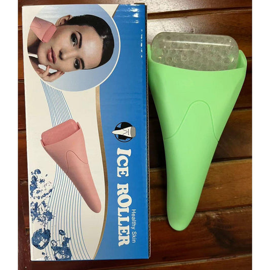 Green ice face roller with clear gel cooling head and tapered handheld handle.
