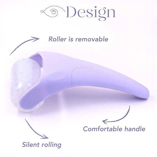 Lavender ice face roller with clear gel cooling head and comfortable curved handle.