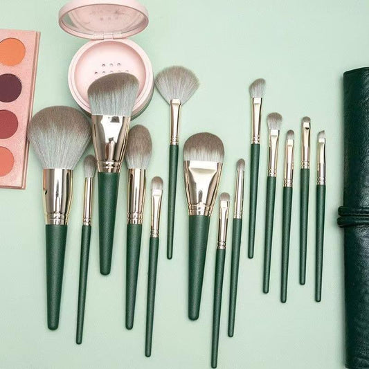 Makeup brush set with green handles and soft gray bristles, 14-piece face and eye kit
