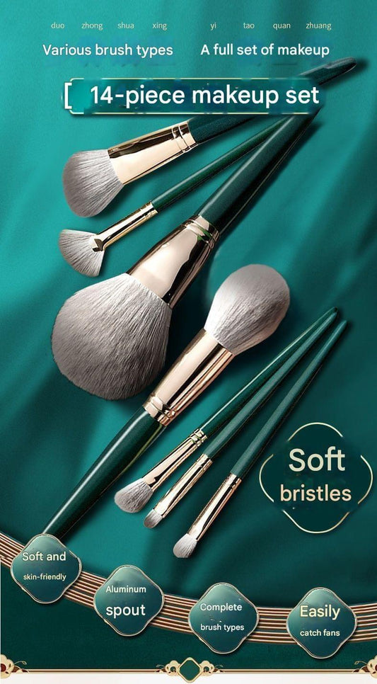 Green handled makeup brush set with soft silver bristles