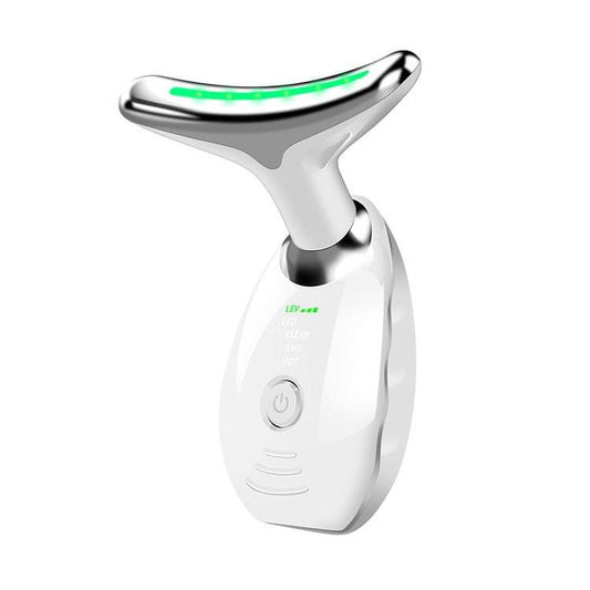 White handheld neck massager with glossy metallic curved treatment head