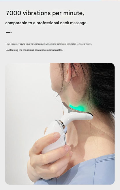 White Neck and Face Massager - 3 Colour Light Therapy, EMS Microcurrent, Vibration & Heat - Rechargeable Anti-Ageing Device for Wrinkles, Neck Lines, Jawline & Skin Tightening - Portable Home Beauty Tool