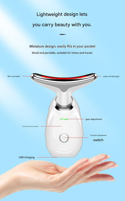 White Neck and Face Massager - 3 Colour Light Therapy, EMS Microcurrent, Vibration & Heat - Rechargeable Anti-Ageing Device for Wrinkles, Neck Lines, Jawline & Skin Tightening - Portable Home Beauty Tool