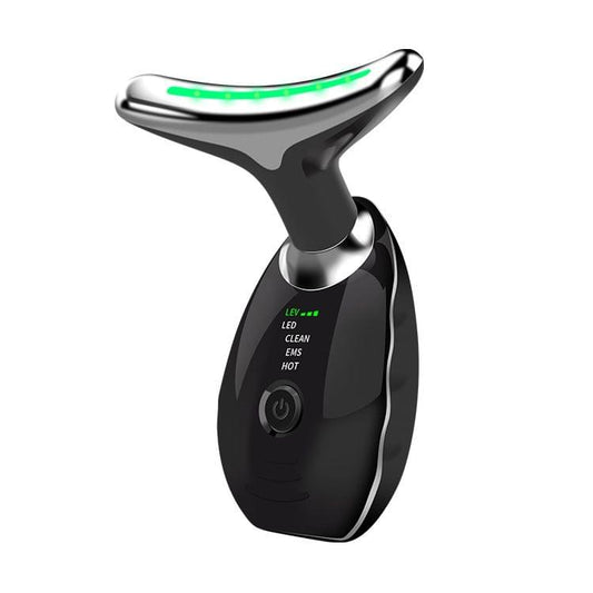 Neck and face massager in black with green LED light strip