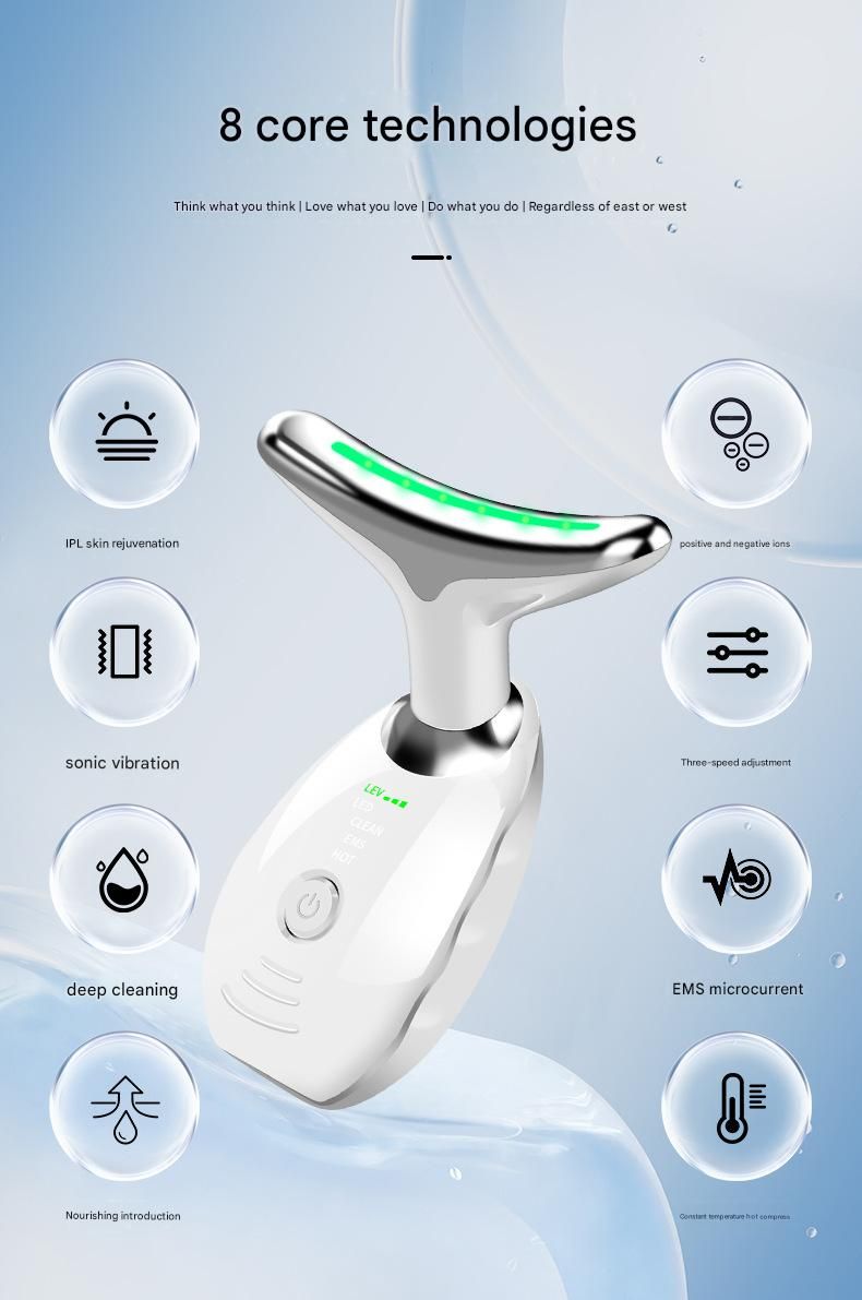 Black Neck and Face Massager - 3 Colour Light Therapy, EMS Microcurrent, Vibration & Heat - Rechargeable Anti-Ageing Device for Wrinkles, Neck Lines, Jawline & Skin Tightening - Portable Home Beauty Tool