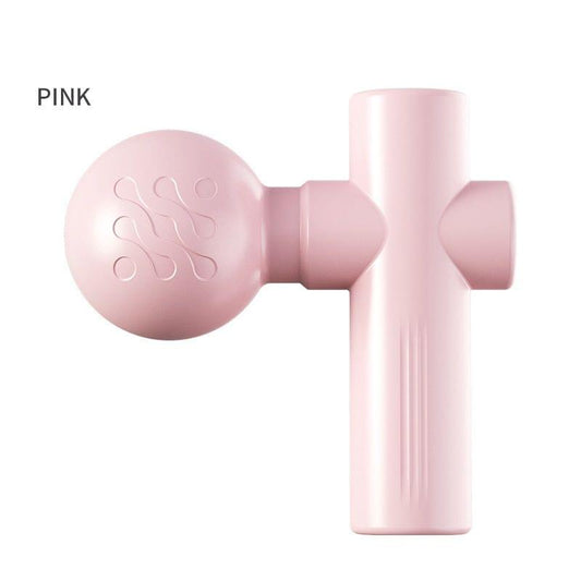 Pink mini massage gun with round head and cylindrical handle, standing upright.