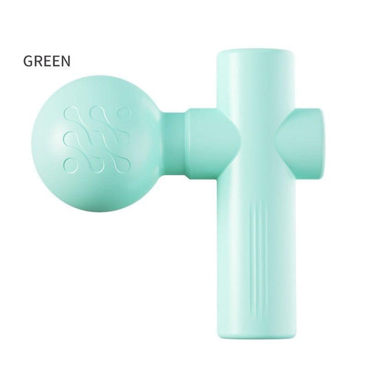 Mint green pocket massage gun with round head and cylindrical handle