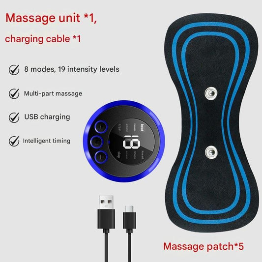 Black and blue massage patch with control pad and USB charging cable