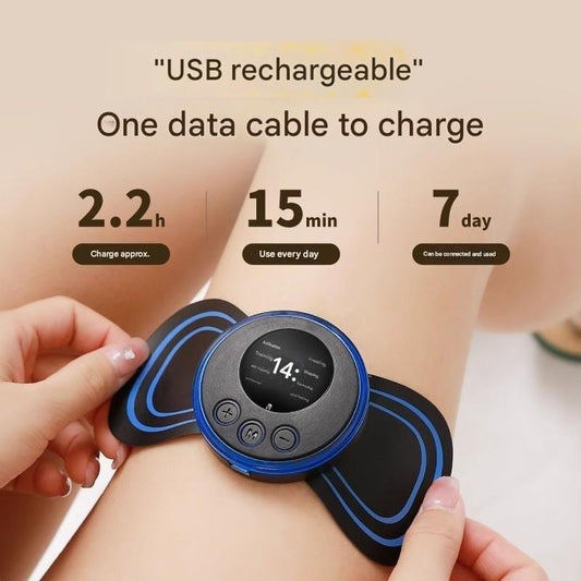 Black and blue massage patch with handheld controller displaying 14