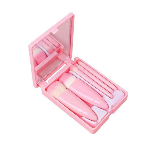 Pink travel makeup brush set in compact mirror case with five synthetic brushes