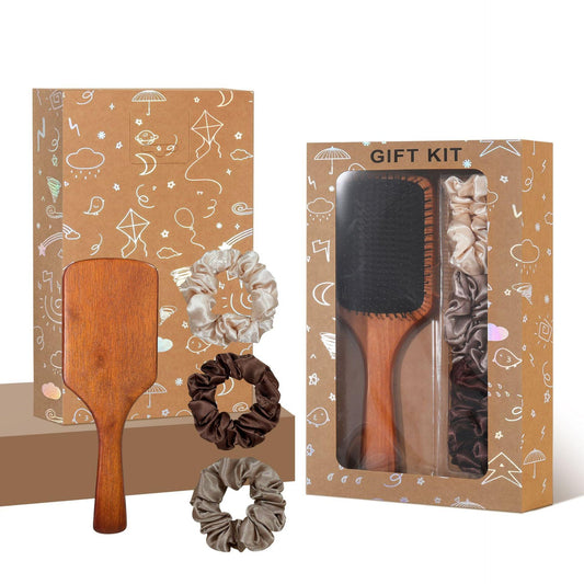 Hair brush gift set with dark paddle brush and satin scrunchies in gift box
