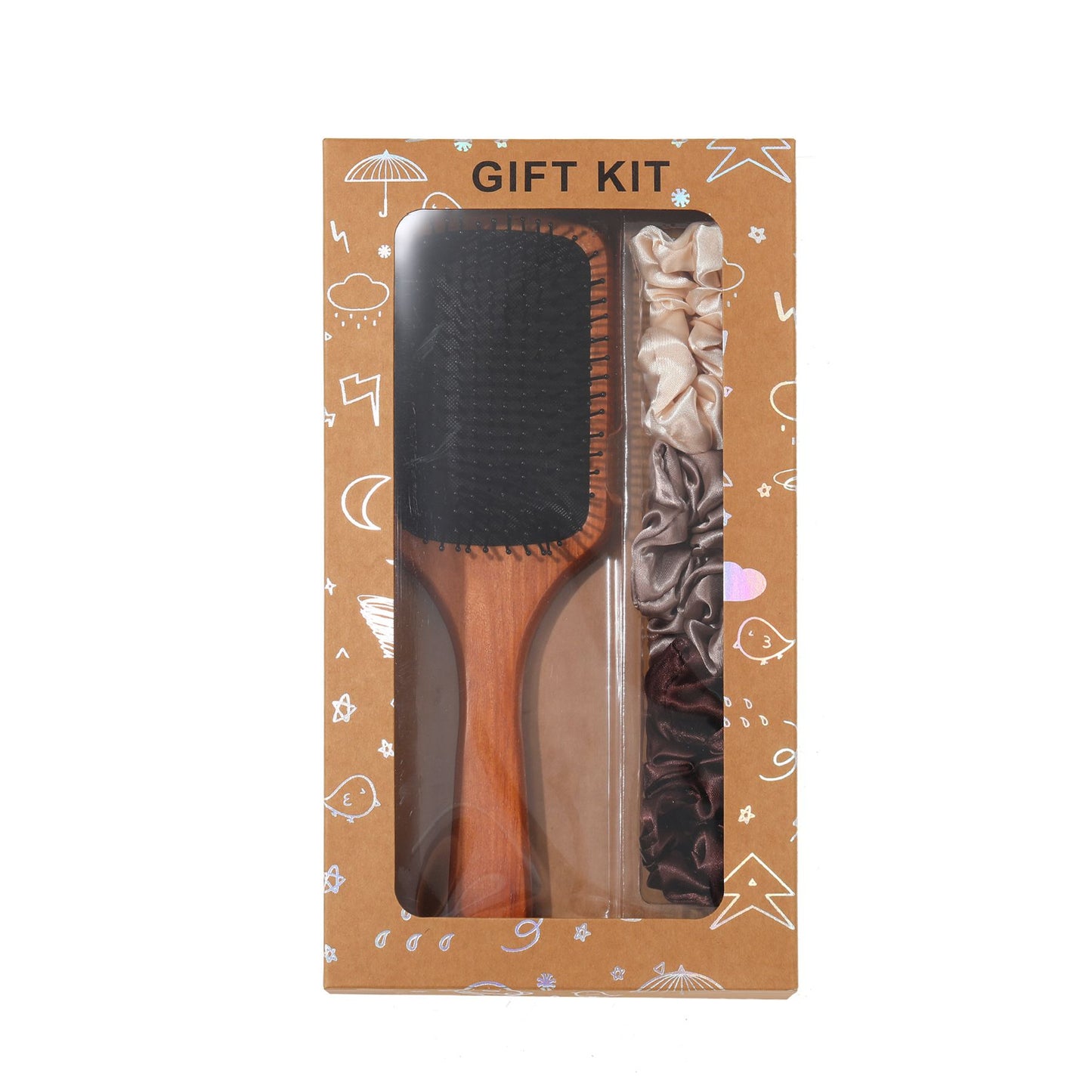 Black Paddle Hair Brush Gift Set with Satin Scrunchies - Cushion Airbag Design for Scalp Massage and Detangling, Gift Ready Pack for Women and Girls, Ideal for Daily Hair Care and Styling