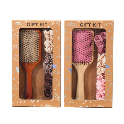 Pink Paddle Hair Brush Gift Set with Satin Scrunchies - Cushion Airbag Design for Scalp Massage and Detangling, Gift Ready Pack for Women and Girls, Ideal for Daily Hair Care and Styling