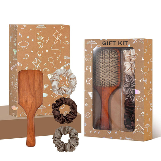 Wood paddle hair brush with fabric scrunchies, gift set accessories
