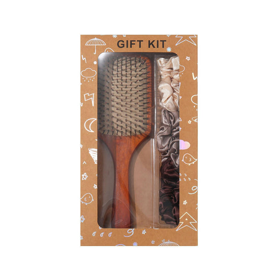 Paddle hair brush in gift kit box with fabric scrunchies