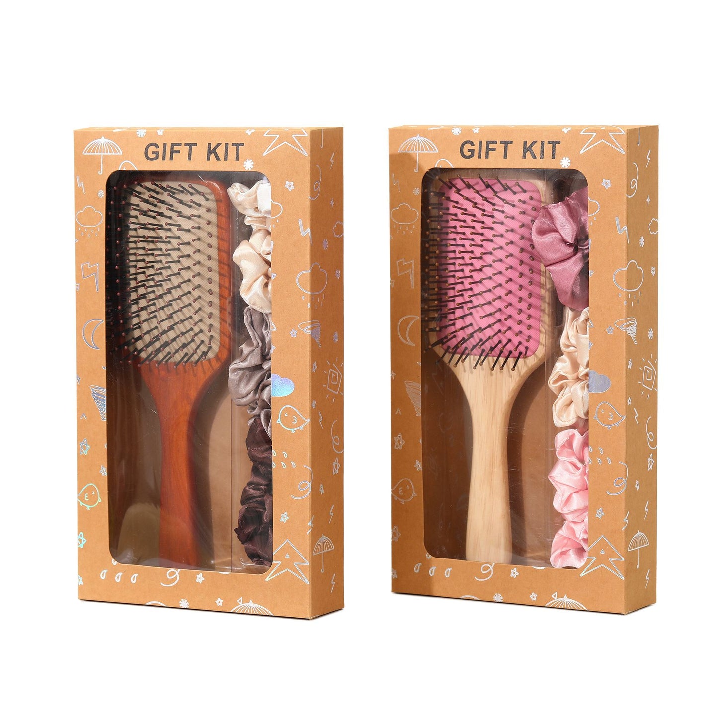 Yellow Paddle Hair Brush Gift Set with Satin Scrunchies - Cushion Airbag Design for Scalp Massage and Detangling, Gift Ready Pack for Women and Girls, Ideal for Daily Hair Care and Styling