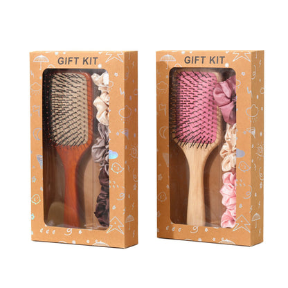 Yellow Paddle Hair Brush Gift Set with Satin Scrunchies - Cushion Airbag Design for Scalp Massage and Detangling, Gift Ready Pack for Women and Girls, Ideal for Daily Hair Care and Styling