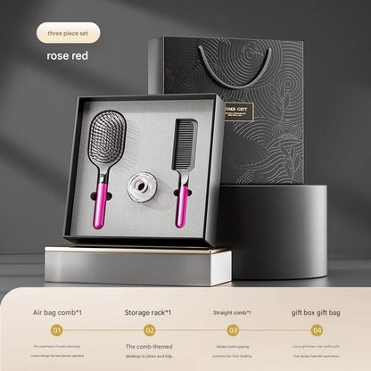 Rose Red 3-Piece Gift Box Set Premium ABS Hair Care Gift Set with Cushion Paddle Brush, Detangling Comb, Cleaning Brush & Stand - Elegant Mother’s Day or Couple’s Gift for Daily Styling and Scalp Comfort